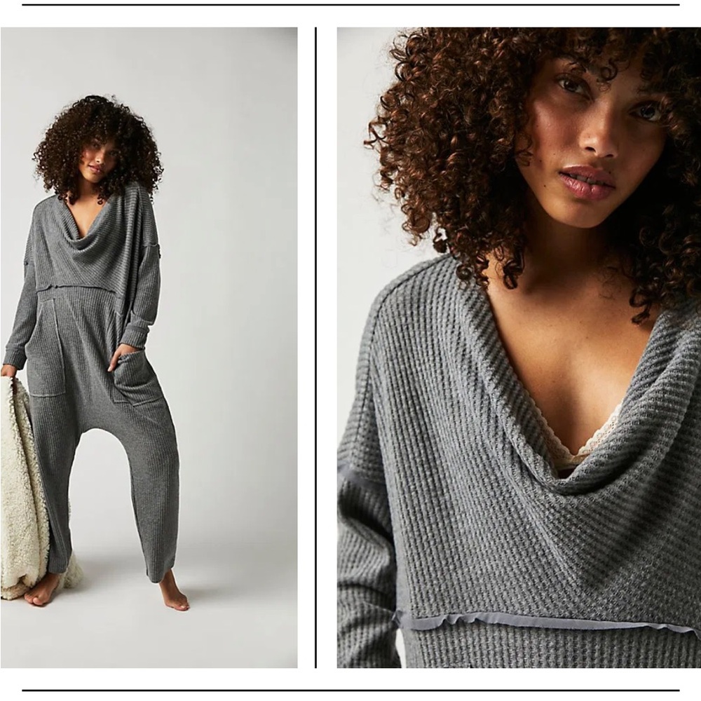 Free People Gray Waffle Knit Cowl Neck Jumpsuit